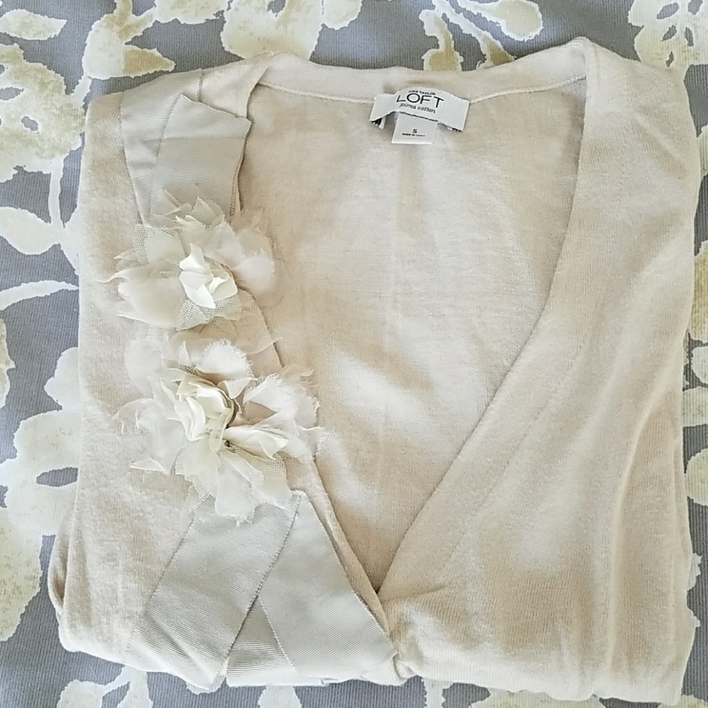 LOFT Off White Cardigan with Floral Detail